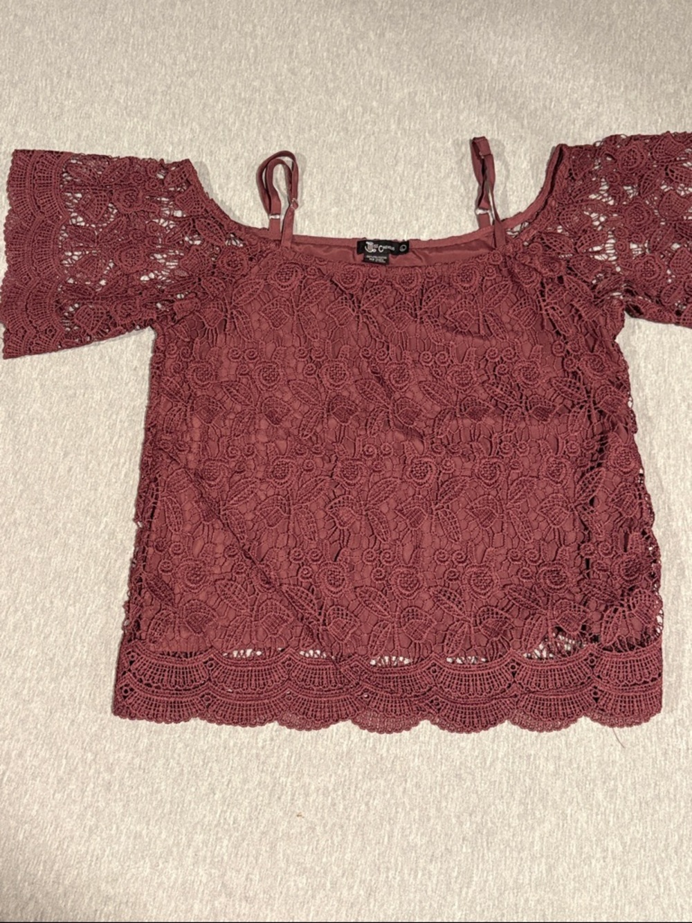 Miss Chievous Burgundy Lace Cold-Shoulder Top With Adjustable Straps